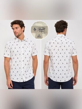 Original Penguin White Short-Sleeve Button-Up with Navy & Red Print